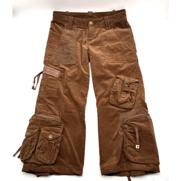 Vintage Y2K JW Los Angeles Brown Corduroy Embroidered Cargo Flare Capri 2 26x21